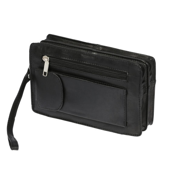  Leder Handgelenktasche / Herrentasche / Ledertasche / Doppelkammer / Masse: 20 cm x 12,5 cm x 6 cm Schwarz